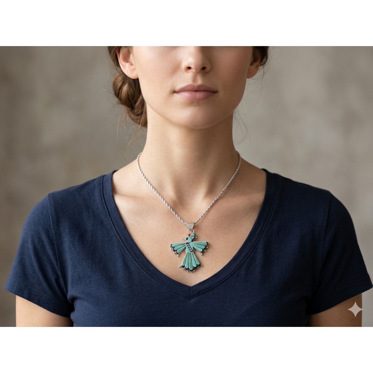 Zuni Thunderbird Inlay Pendant Green Turquoise Native Am Jewelry 18" Rope Chain*